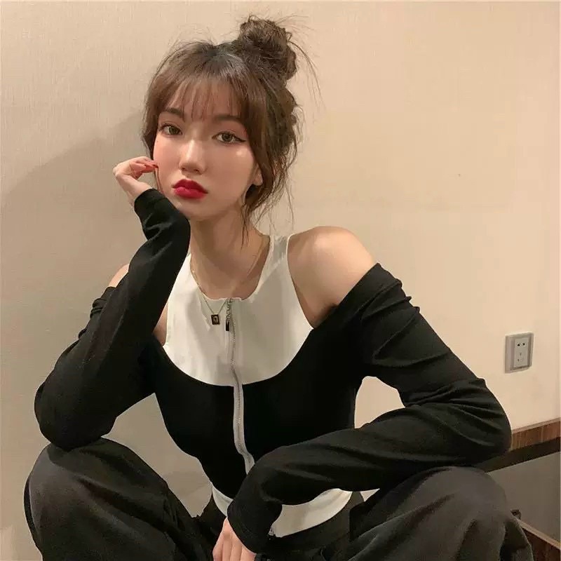 Áo thun gân dây kéo bẹt vai, [m, Áo Croptop Dài Tay Khoét Vai, Có Khóa Kéo Ngực, Dáng Ôm Năng Động Cá Tính🐝🐝🐝🐝GB8777