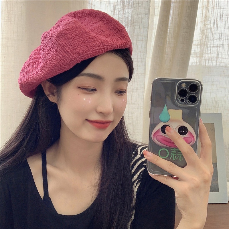 Mũ Nồi Nữ Trơn Phong Cách Retro Dập Gân Có Dây Rút, Nón Beret Họa Sĩ Thời Trang Hàn Quốc