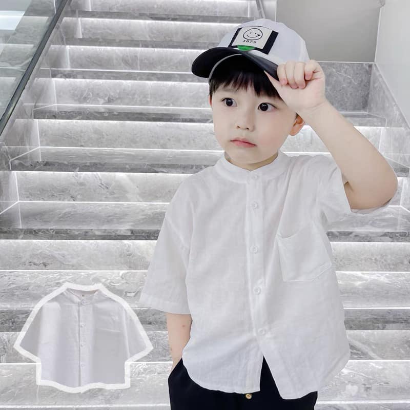 Áo sơ mi trắng tay ngắn cổ tàu Zara chất Linen cho bé trai 17-40Kg