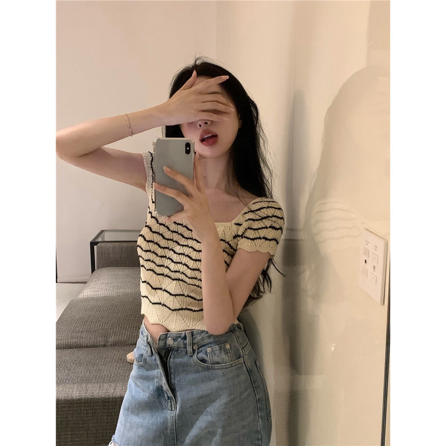 Cocory vn Áo Thun Dệt Kim Ngắn Tay Cổ Vuông Họa Tiết Kẻ Sọc Form Ôm Thời Trang Mùa Hè