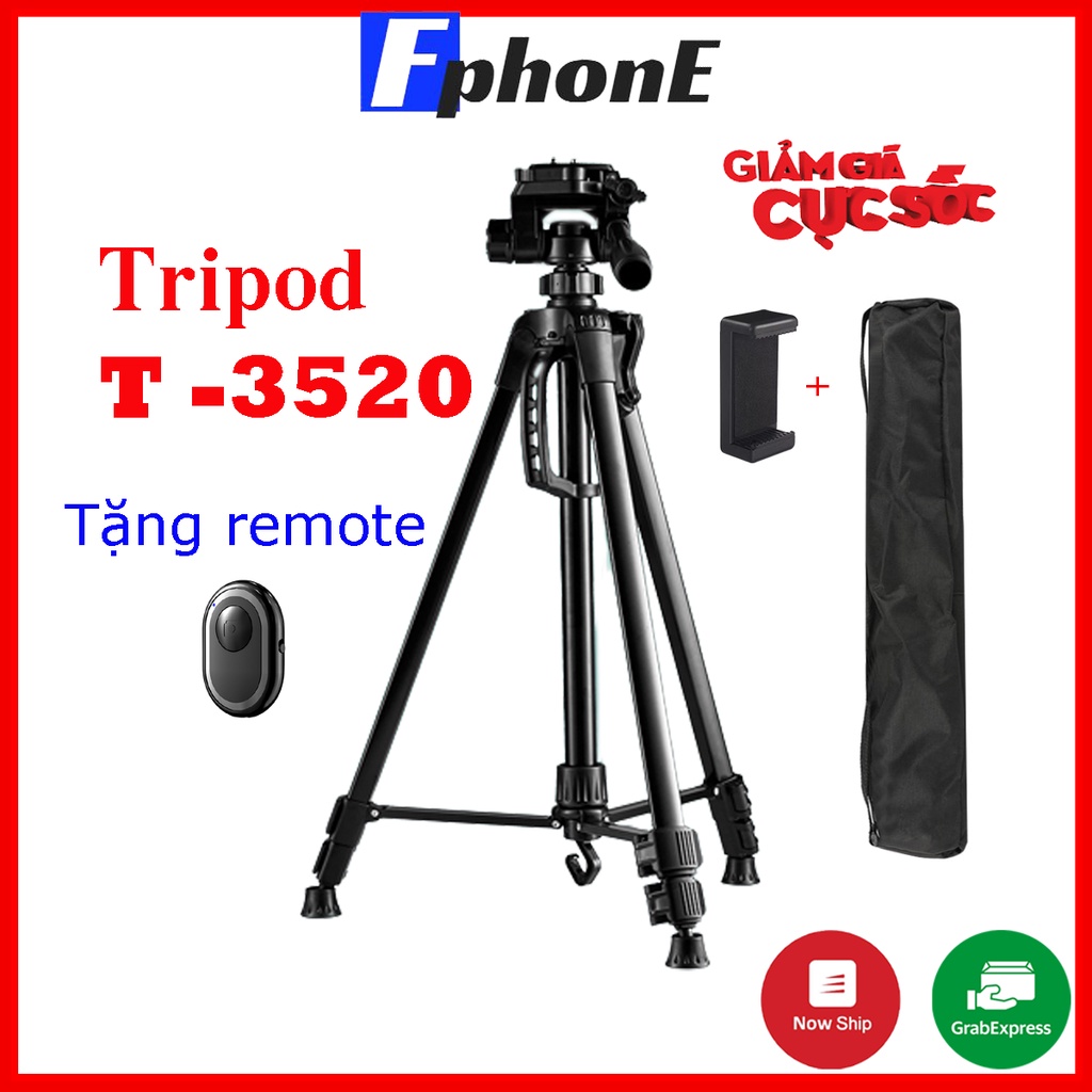 Chân máy ảnh, tripod 3 chân T-3520, hỗ trợ chụp ảnh, quay video, livestream  tặng kèm túi và kẹp