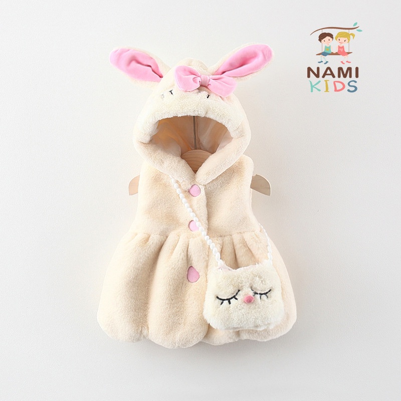 175:E4 Áo khoác gile lông tai thỏ kèm túi đeo chéo dễ thương cho bé gái