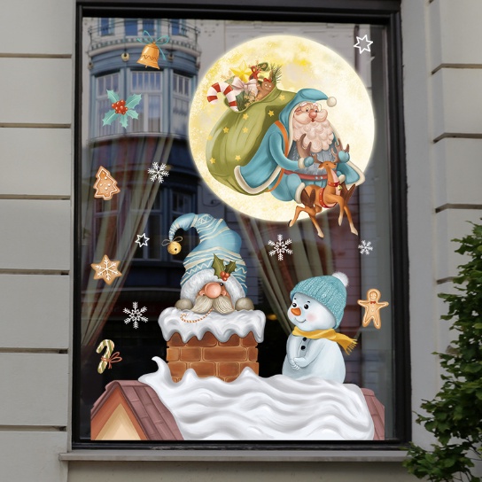 Decal trang trí Noel - Ngồi trên nóc nhà cùng ông già Noel và người tuyết