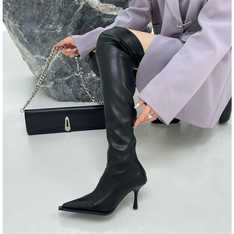 [Sẵn] Bốt Đùi đàn hồi trên gối giày bốt mũi nhọn gót nhọn cao 8cm sexy QCCC D112