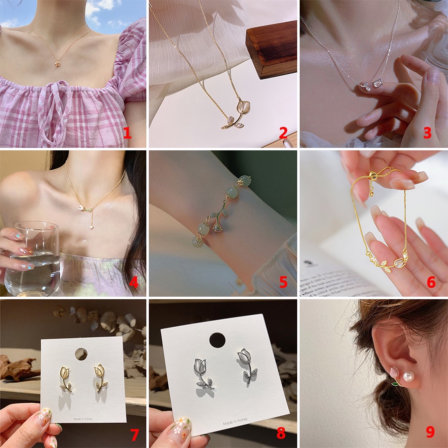 Bộ Trang Sức Vòng Cổ Vòng Tay Bông Tai Hoa Hồng Đính Ngọc Trai Nhân Tạo Thời Trang Hàn Quốc