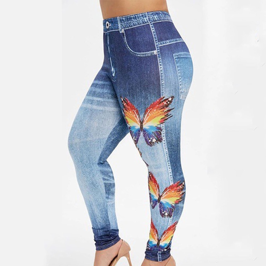 Ga-multi Quần Legging Giả Jean Có Túi In Hình Bướm Lưng Cao Co Giãn Tập Yoga Chạy Bộ
