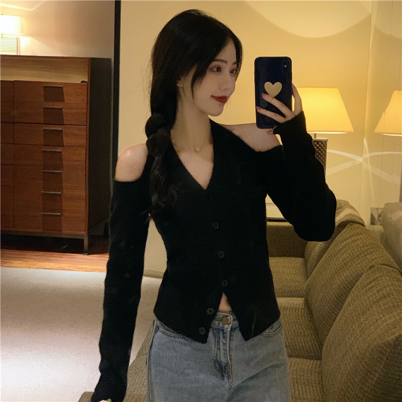 Áo Dệt Kim Tay Dài Hở Vai Cổ Chữ V Thời Trang Hàn Quốc Dành Cho Nữ