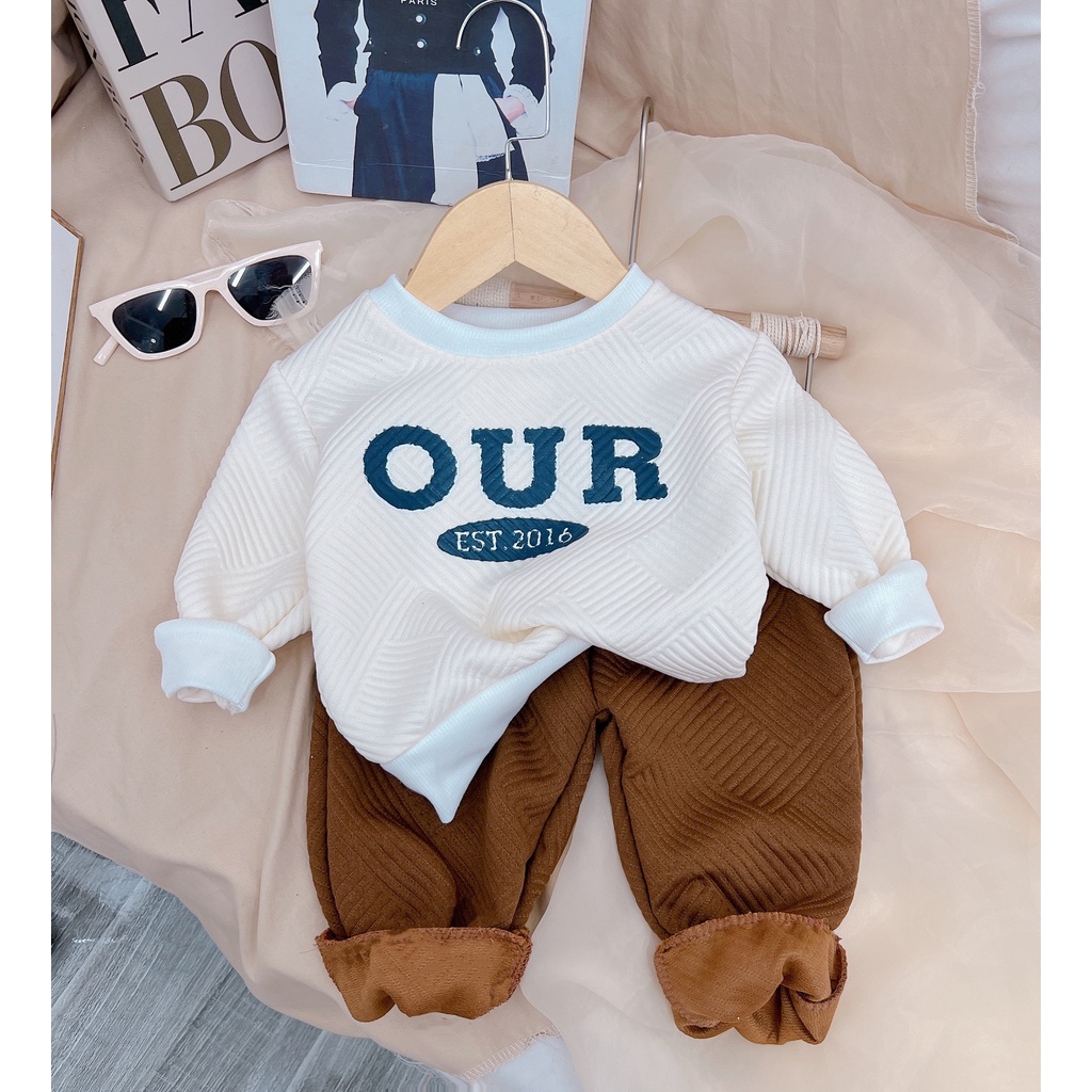 Bộ thu đông bé trai, bộ nỉ xốp hàn hình dập nổi OUR dáng Hàn Quốc cho bé