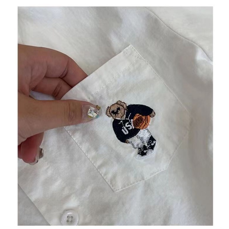 Nhật bản hàn quốc quần áo trẻ em bé trai mùa xuân thu áo sơ mi cotton trẻ em áo sơ mi trắng phiên bản hàn quốc gấu thêu dài tay áo sơ mi kẻ sọc