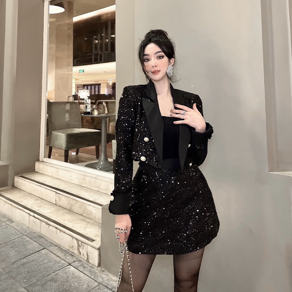 Set Áo Vest Croptop phối chân váy Bling THUYNGOTHANH chất dạ đính kim tuyến
