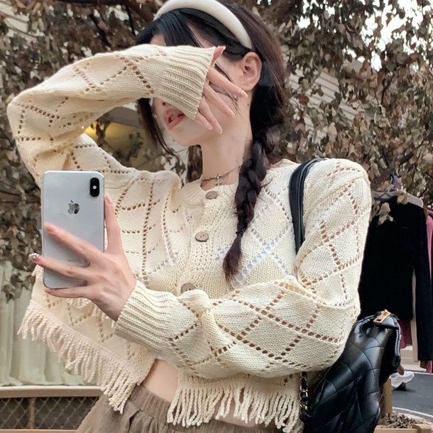 Áo Cardigan Dệt Kim Tay Dài Lưng Cao Thiết Kế Tua Rua Hợp Thời Trang【Hana and Alice】