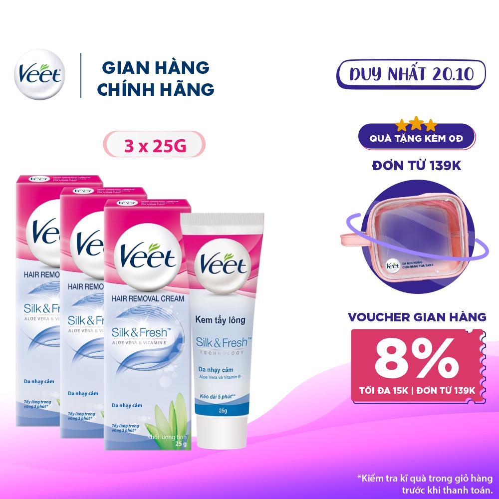 Bộ 3 Kem tẩy lông cho da nhạy cảm Veet Silk Fresh 25g/tuýp