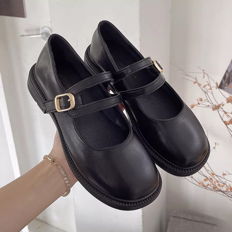 Giày búp bê lolita đế bằng 2 dây phối khóa chất da mềm lên chân xinh xắn mã TTK16