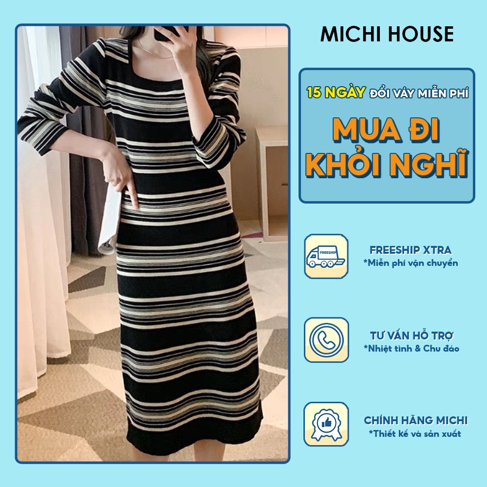Đầm Len Suông Dài Qua Gối Michi House Váy Xuông Phong Cách Hàn Quốc Tay Dài Họa Tiết Kẻ Sọc Vintage Bầu Mặc Xinh V492