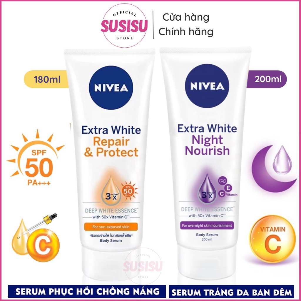 Serum dưỡng trắng da Nivea Night Whitening 200ml/Dưỡng thể ban ngày NIVEA Extra White Repair & Protect Serum SPF50 180ml
