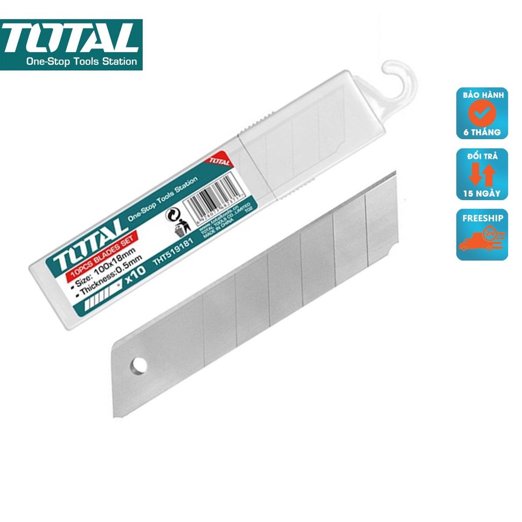 Bộ 10 lưỡi dao TOTAL THT5190901 kích thước 9x80mm cắt giấy rọc băng keo thùng hàng bìa carton, Bh 6 tháng