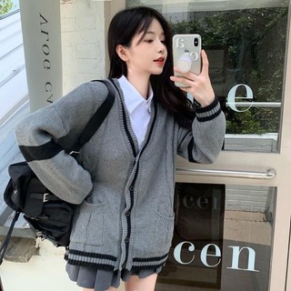 ÁO KHOÁC CARDIGAN MÀU GHI PHỐI VIỀN ĐEN BASIC