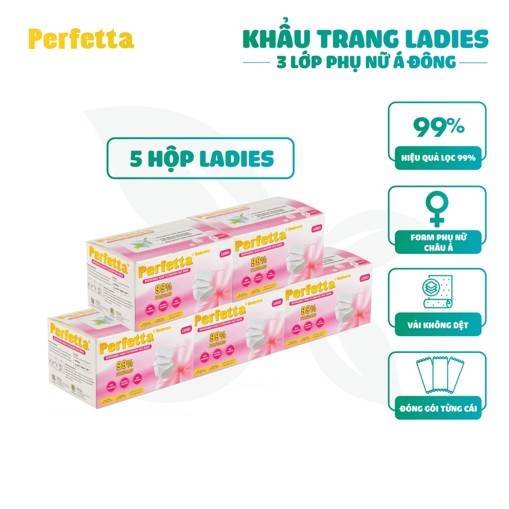 Combo 5 Hộp Khẩu Trang Y Tế Cao Cấp Perfetta Ladies 3 Lớp Cho Phụ Nữ Có Gương Mặt Nhỏ (50 cái/hộp)