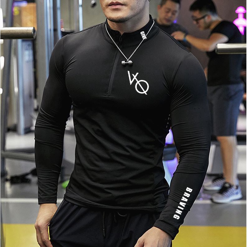 Áo Thể Thao Nam VQ Sport  thun lạnh tập gym cổ trụ dài tay vải thoáng mát co giãn chuẩn form Nam Tính