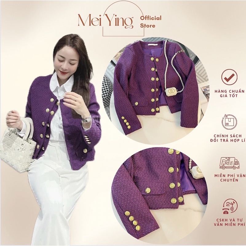 Áo khoác dạ tweed nữ dài tay. Áo khoác dạ dáng ngắn túi nắp cúc đồng. Chất liệu dạ Quảng Châu cao cấp