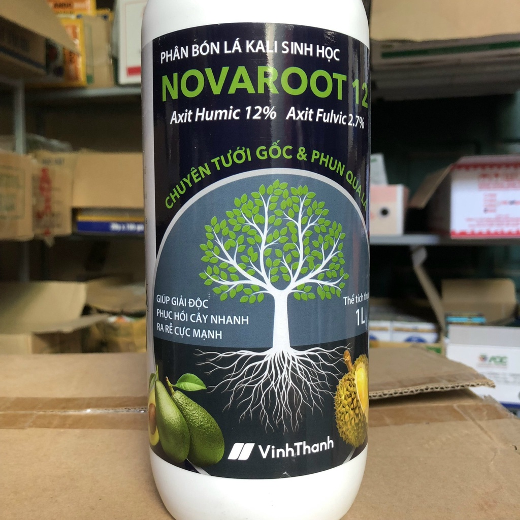 Phân bón lá Kali sinh học NOVAROOT 12 chai 1L chứa axit humic + fulvic giúp giải độc, ra rễ cực mạnh, phục hồi cây nhanh