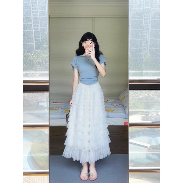 Jane Áo cropotop màu trời - chân váy tầng trắng Cinderella ẢNH THẬT CUỐI