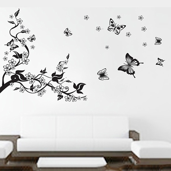 Miếng Dán Tường Trang Trí Hình Hoa &amp; Bướm Màu Đen DIY