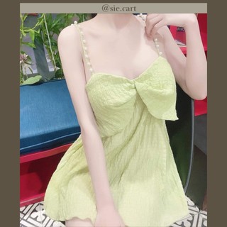 Váy Xốp Hai Dây Ngọc Trai Nhún Ngực Hở Lưng Sexy Dáng Xòe Màu Pastel