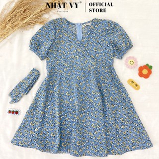 Đầm Bé NHẬT VY Tay Ngắn Cổ V Cột Dây Chất Mango Mát, Nhẹ Dáng Xòe Màu Xanh, Hồng - M44