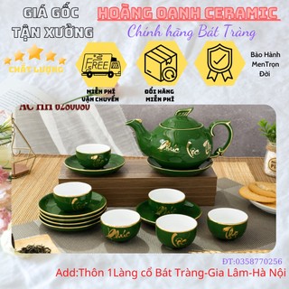 Bộ ấm chén pha trà bát tràng-giá tận gốc,men xanh rêu vẽ vàng tbxg,phúc-lộc-thọ-ấm phượng