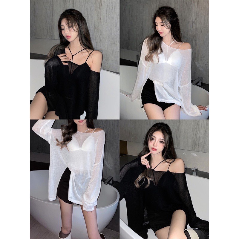 Áo thun nữ tay dài vải lưới mỏng, form rộng, cổ thuyền xẻ tà cao sexy, quyến rũ | BigBuy360 - bigbuy360.vn