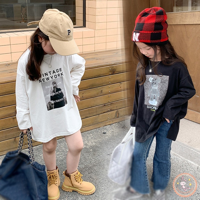 Áo Thun Tay Dài Dáng Rộng Thời Trang Cho Bé Gái