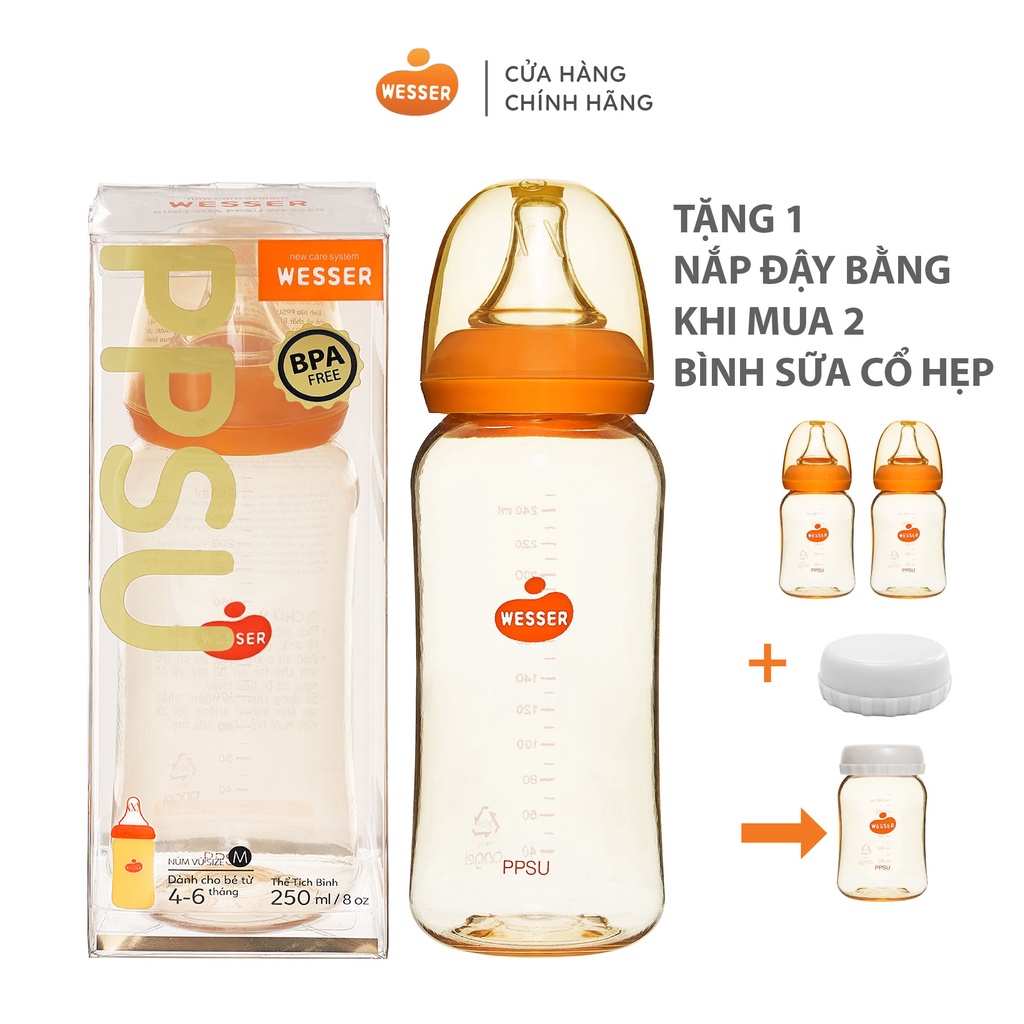 ( TẶNG KÈM NẮP CỔ HẸP KHI MUA TỪ 2 BÌNH ) - Bình sữa Wesser PPSU (cổ hẹp) 250ml - KHÔNG KÈM VAN CHỐNG SẶC