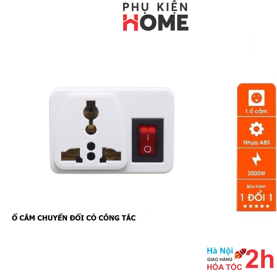 Ổ Cắm Chuyển Đổi Đa Năng Từ 3 Chấu Thành 2 Chấu, Có Công Tắc Tắt Bật An Toàn, 2000W, ABS Chống Cháy, Phụ kiện home 8609