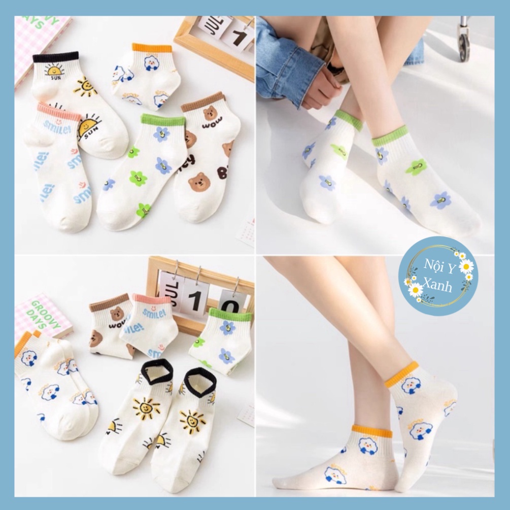 Tất Smile cổ ngắn nữ, vớ nữ chất vải cotton co và giãn bốn chiều thoáng khí tt6 nội y xanh, chất ấm, thoáng khí