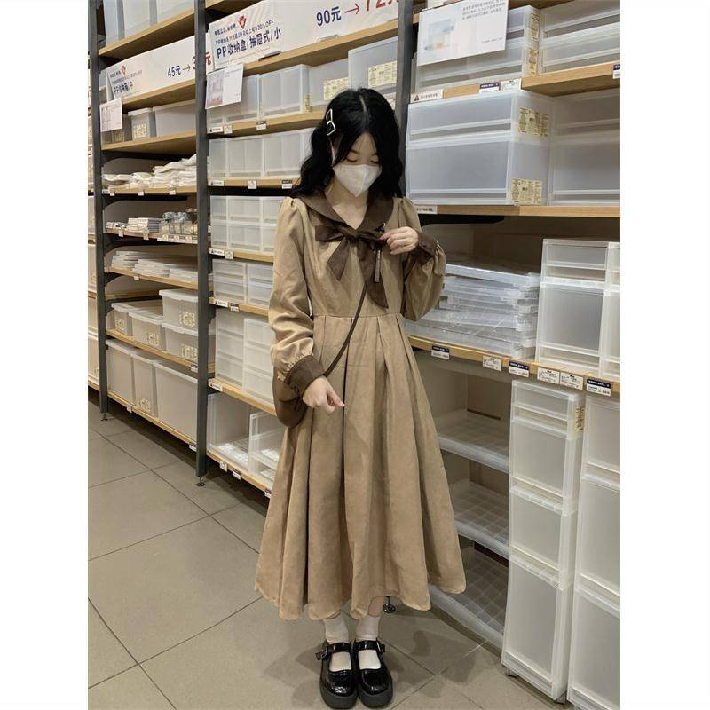 Đầm babydoll dáng dài váy dài tay thu đông váy mùa đông cho nữ Tay Dài Cổ Búp Bê Dáng Chữ A Phong Cách Hàn Quốc Thời Trang Mới Cho Nữ