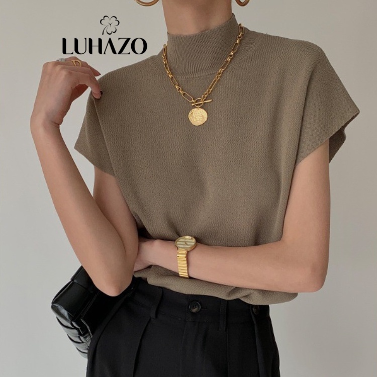 Áo thun dệt kim không tay phong cách Mỹ retro LUHAZO 3 màu tùy chọn thời trang thanh lịch cho nữ