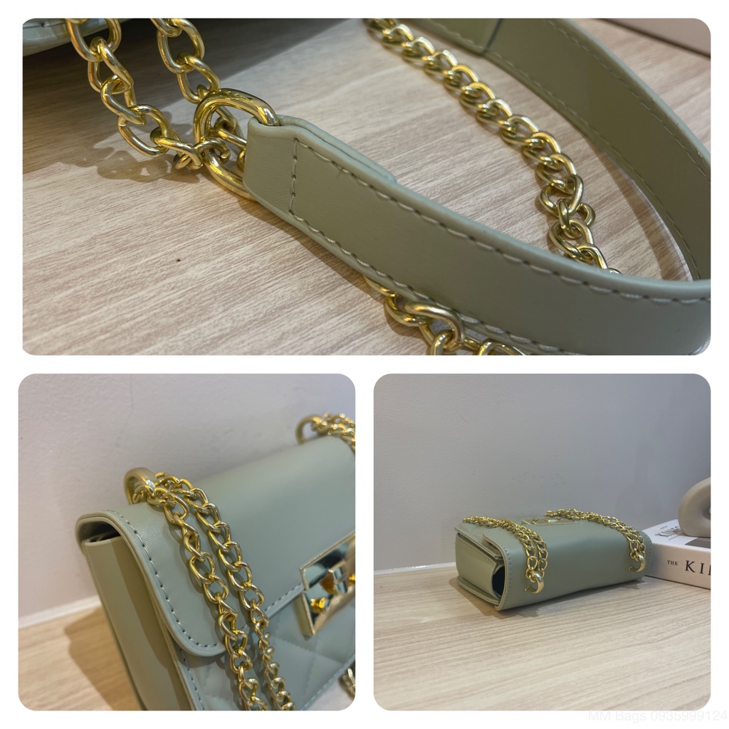 Túi xách đeo chéo khuy bấm MM Bags túi nữ dây xích phối da hoạ tiết ô trám DCE71