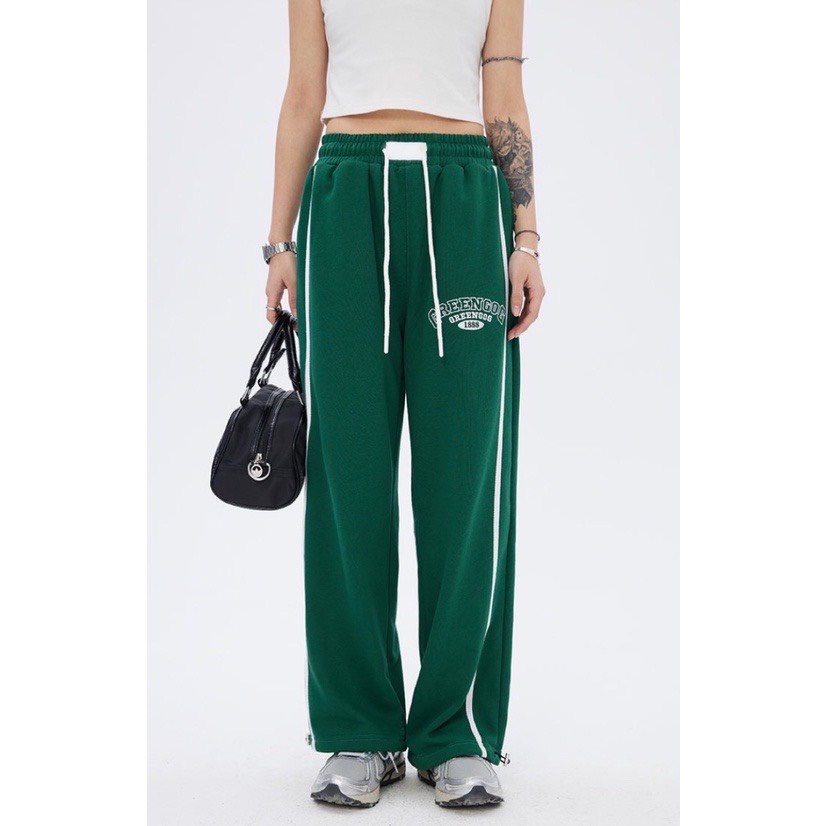 Quần Suông Ống Rộng Unisex Green Lưng Chun Cạp Cao Phối Dây Rút Chốt Gấu Dày Dặn