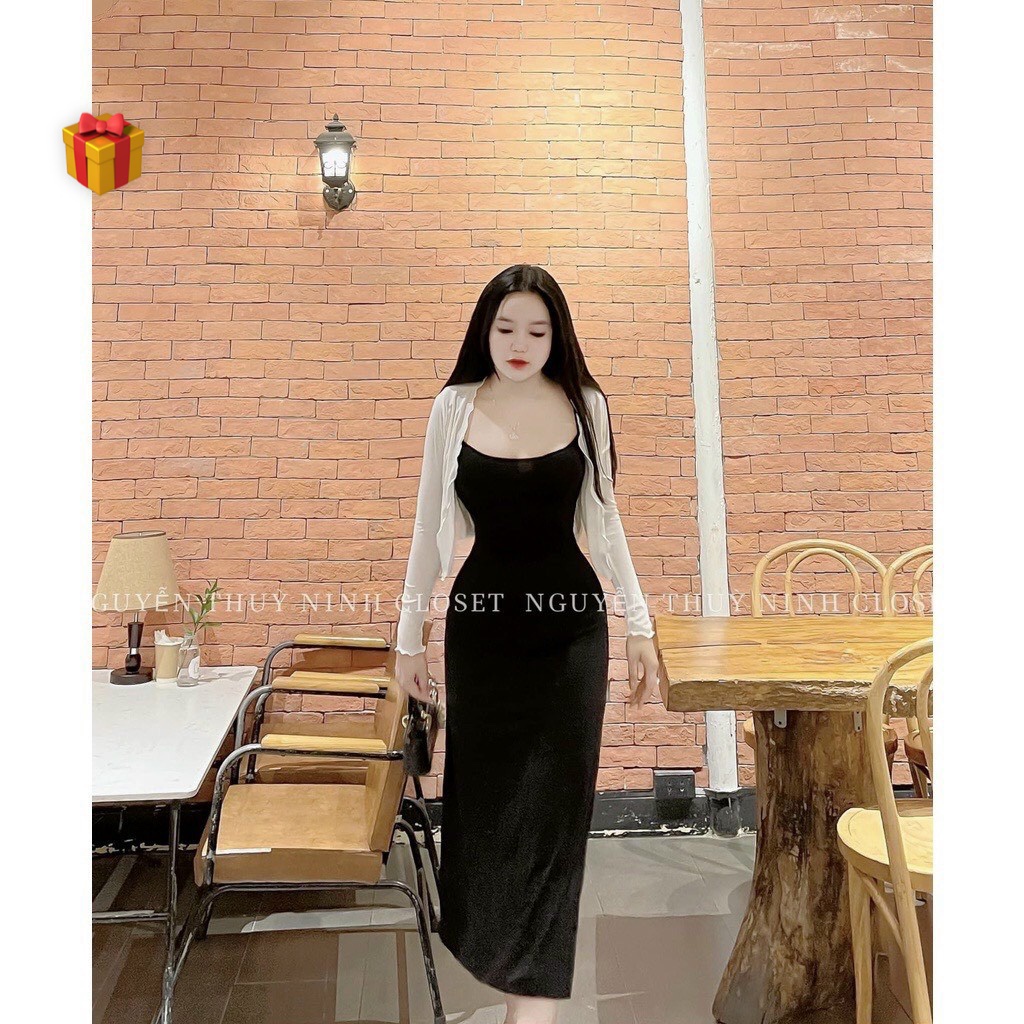 Sét đầm 2 dây dáng dài xòe trơn kèm áo khoác ngoài nhẹ cực hot , chất thun gân mềm mát