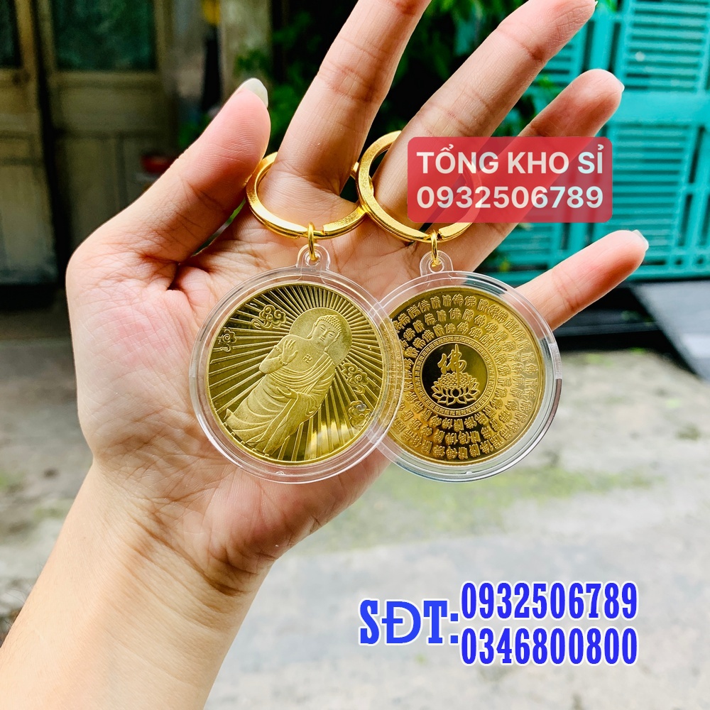 [GIÁ KM] Móc treo balo túi xách Đồng xu hình Phật A Di Đà Phong thủy tài lộc may mắn, mẫu Đứng
