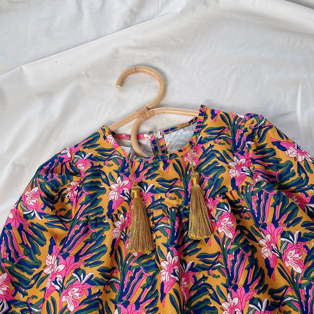 Đầm hoa cho bé gái 2-10 tuổi, tay phồng - Váy cho bé gái mùa thu đông