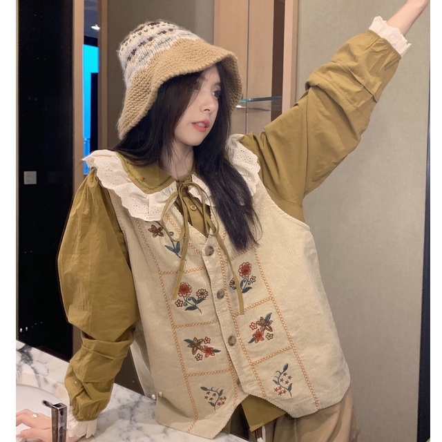 Áo khoác gile nhung nữ kiểu thêu hoa vintage, gile nữ phối sơ mi form rộng cổ ren nơ 7754
