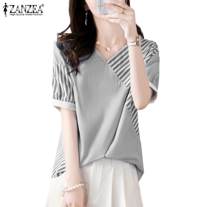 ZANZEA Áo Nữ Tay Ngắn Cổ Chữ V Họa Tiết Sọc Thời Trang