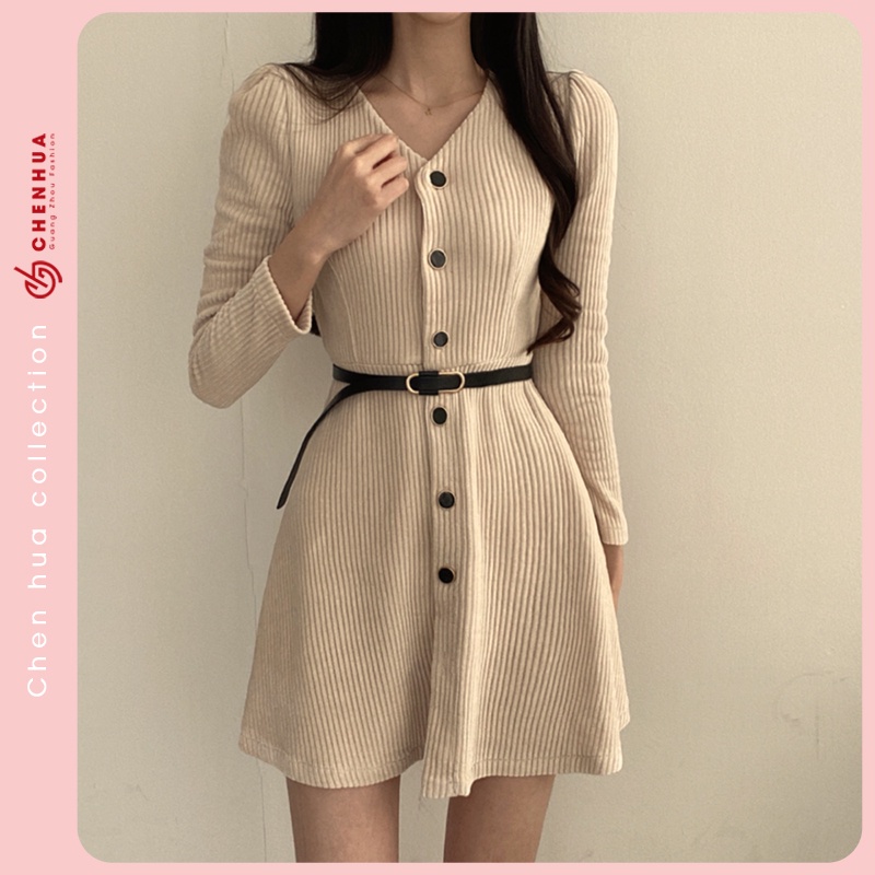 Váy nhung tăm dài tay ChenHua đầm len QC đẹp VT29