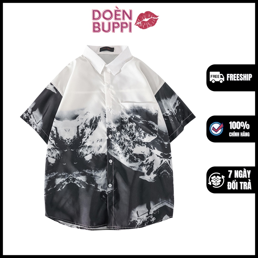 Áo sơ mi ngắn tay unisex nam nữ, cổ đứng, vải lụa lạnh nhập khẩu thoáng mát, Trắng Đen hoạ tiết phong thủy - DOÈNBUPPI