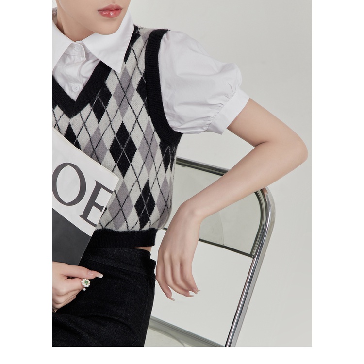 Aphrod Áo sweater Dệt Kim Giả Hai Lớp Phối Màu Tương Phản retro Cao Cấp