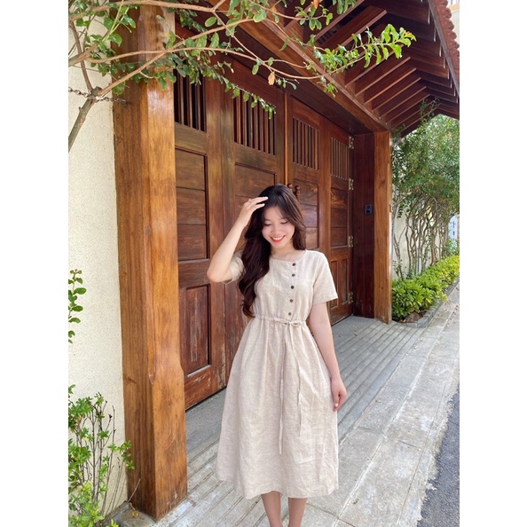 Đầm linen rút dây