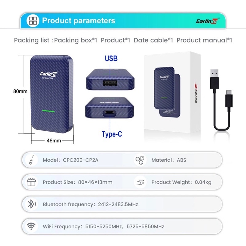 Carlinkit 4.0-Adapter Android Auto không dây & Carplay không dây cho màn hình nguyên bản. Model CPC200-CP2A