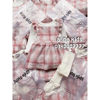 Set yếm váy 3 món bé gái kẻ hồng nhún vai pr